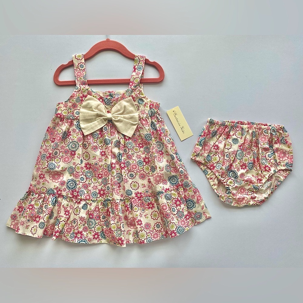 Fantaisie Kids Girls 3T Cotton Dress Cream Floral w/ Bloomers Boutique Zulily